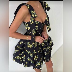 Lemon Print Corset Mini Dress | Tiered Ruffle Skirt Tie Strap Flirty & Feminine